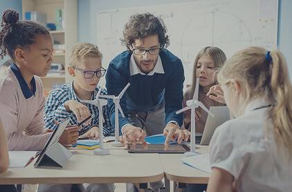 Teacher explaining wind power to grade schoolers.
