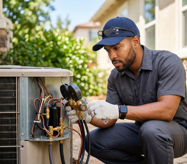 A male HVAC technician wearing a cap and gloves crouches down to repair and adjust the outdoor air conditioning unit using gauges
