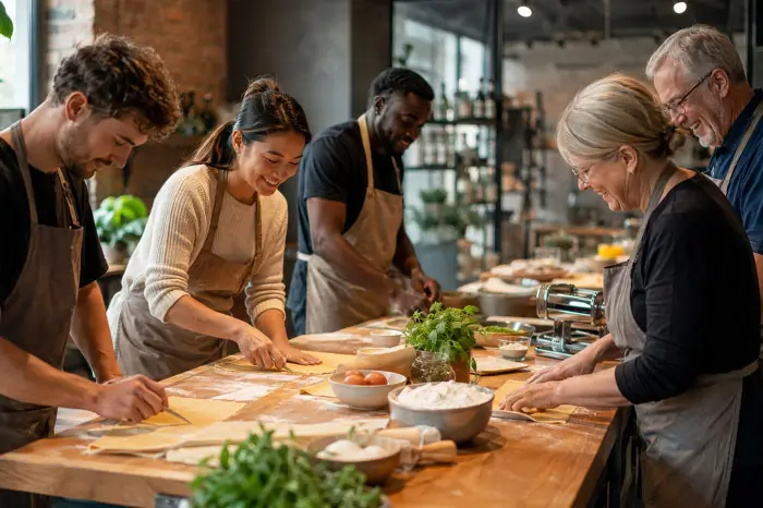 Group of various students at a table preparing food.
