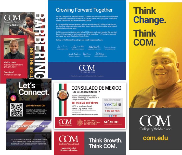 Collage of COM marketing materials