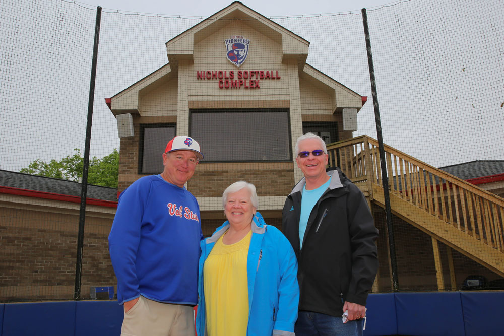 Vol State Softball coach Johnny Lynn with Chris and Warren Nichols at the Nichols Softball Complex on the Gallatin campus.
