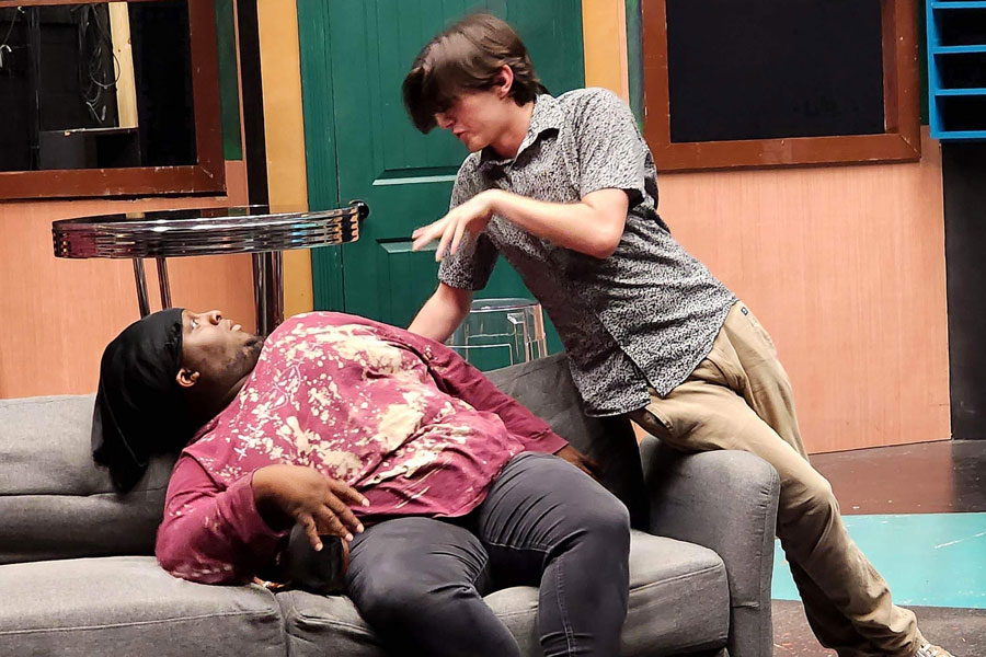 Two College of the Mainland theatre students rehearse and act out their scenes for “Donkey.”