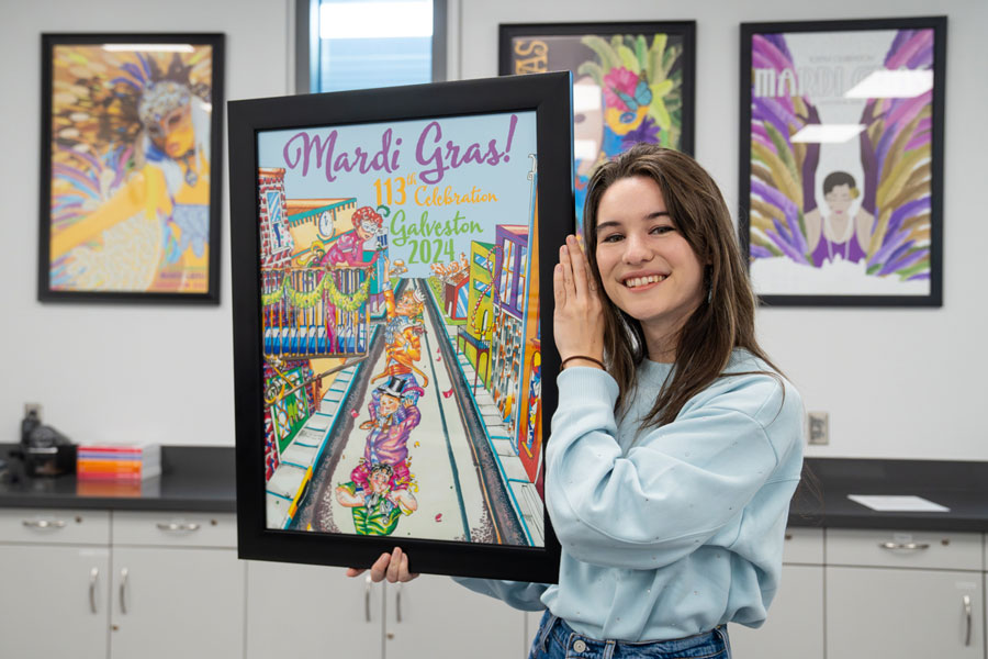 First-place winner Zion-Alexander Luerson and her 2024 Mardi Gras! Galveston winning poster design