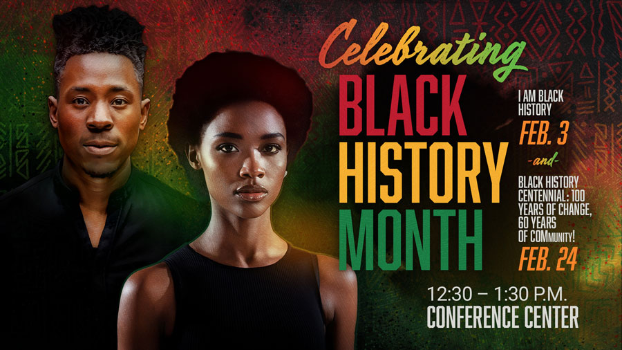 Graphic flyer for College of the Mainland’s Black History Month Events on February 3 and 24.