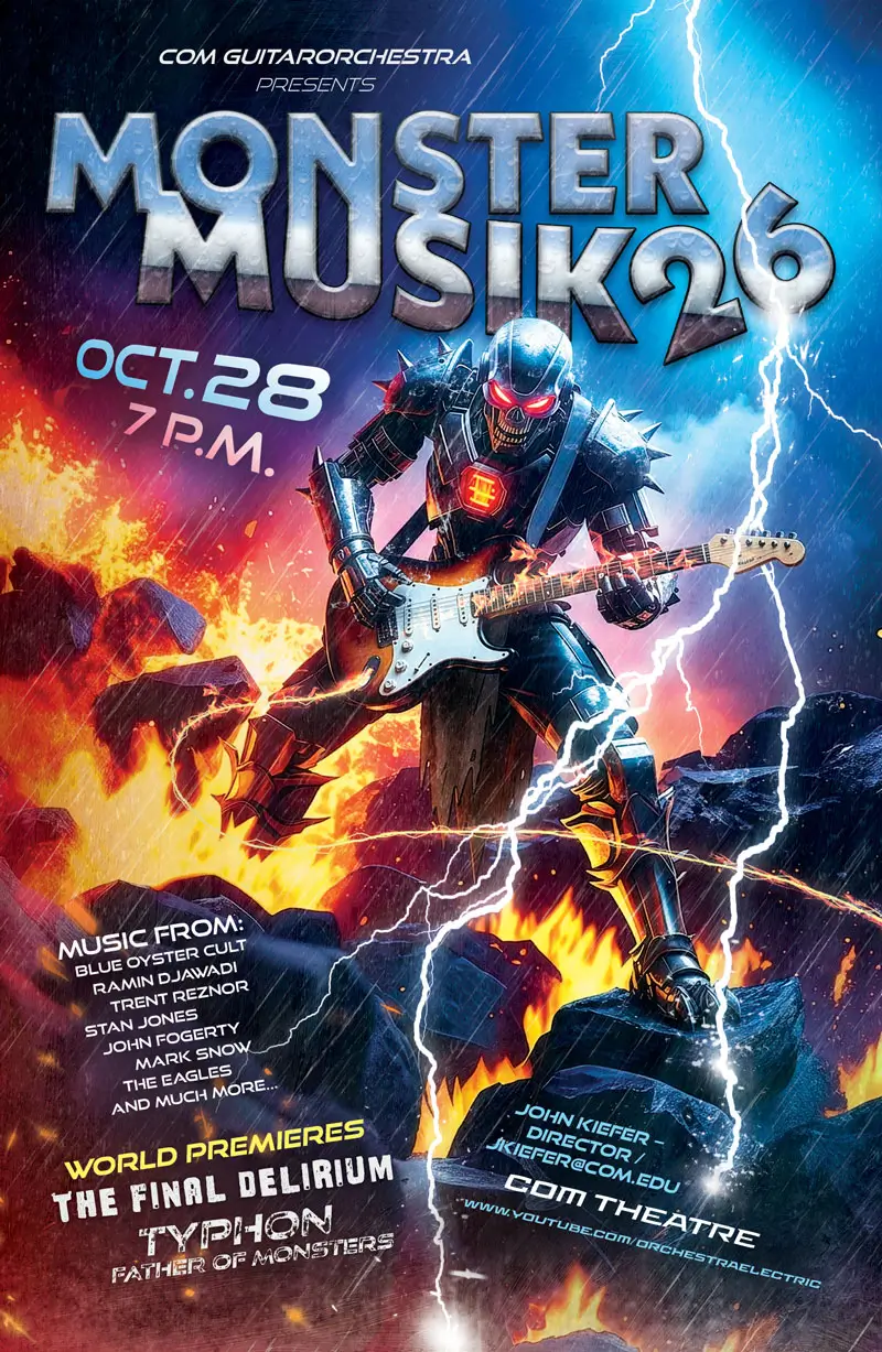 Robotic armored skeleton playing electric guitar surrounded by fire and lightning.