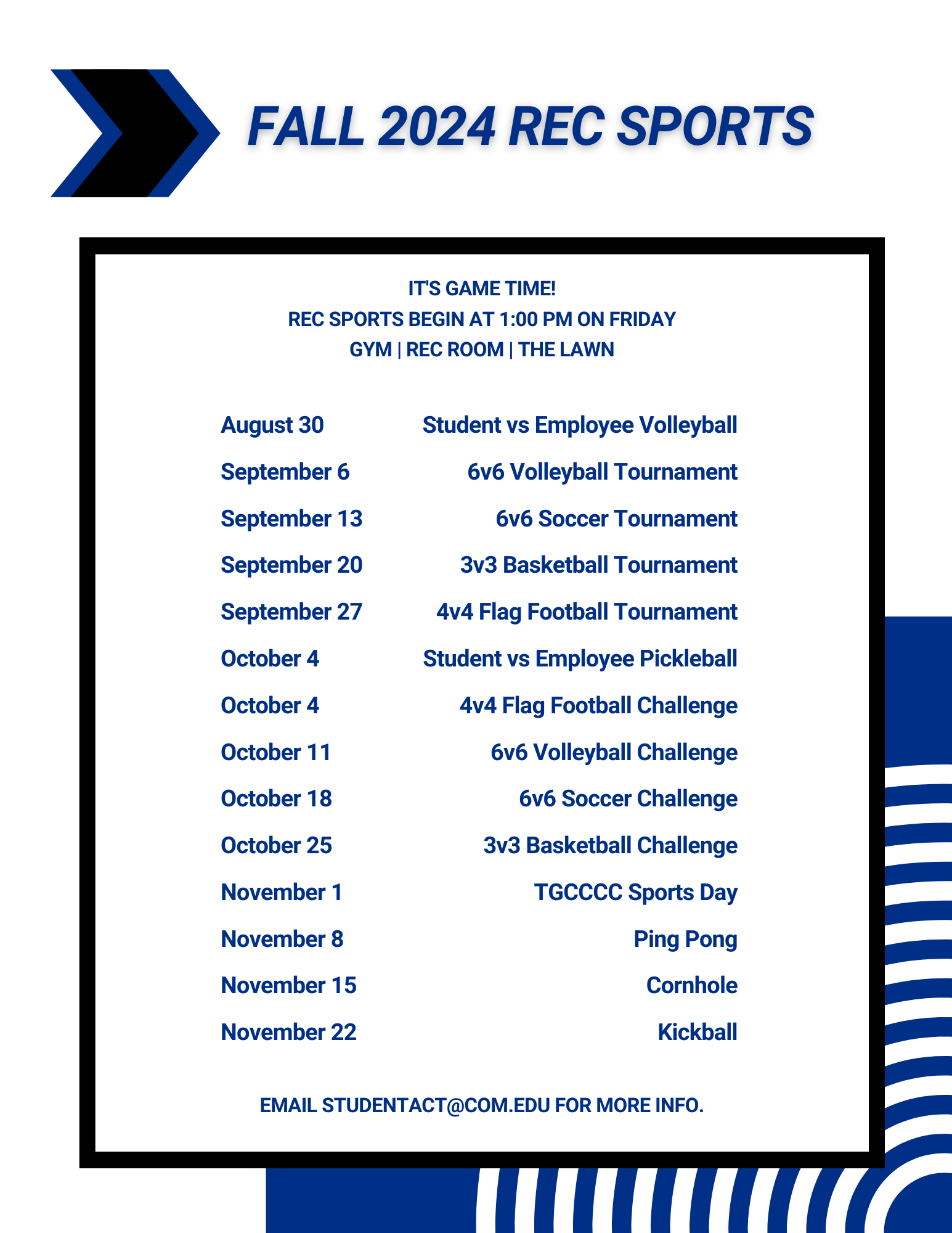 Calendar of Fall 24 Rec Sports