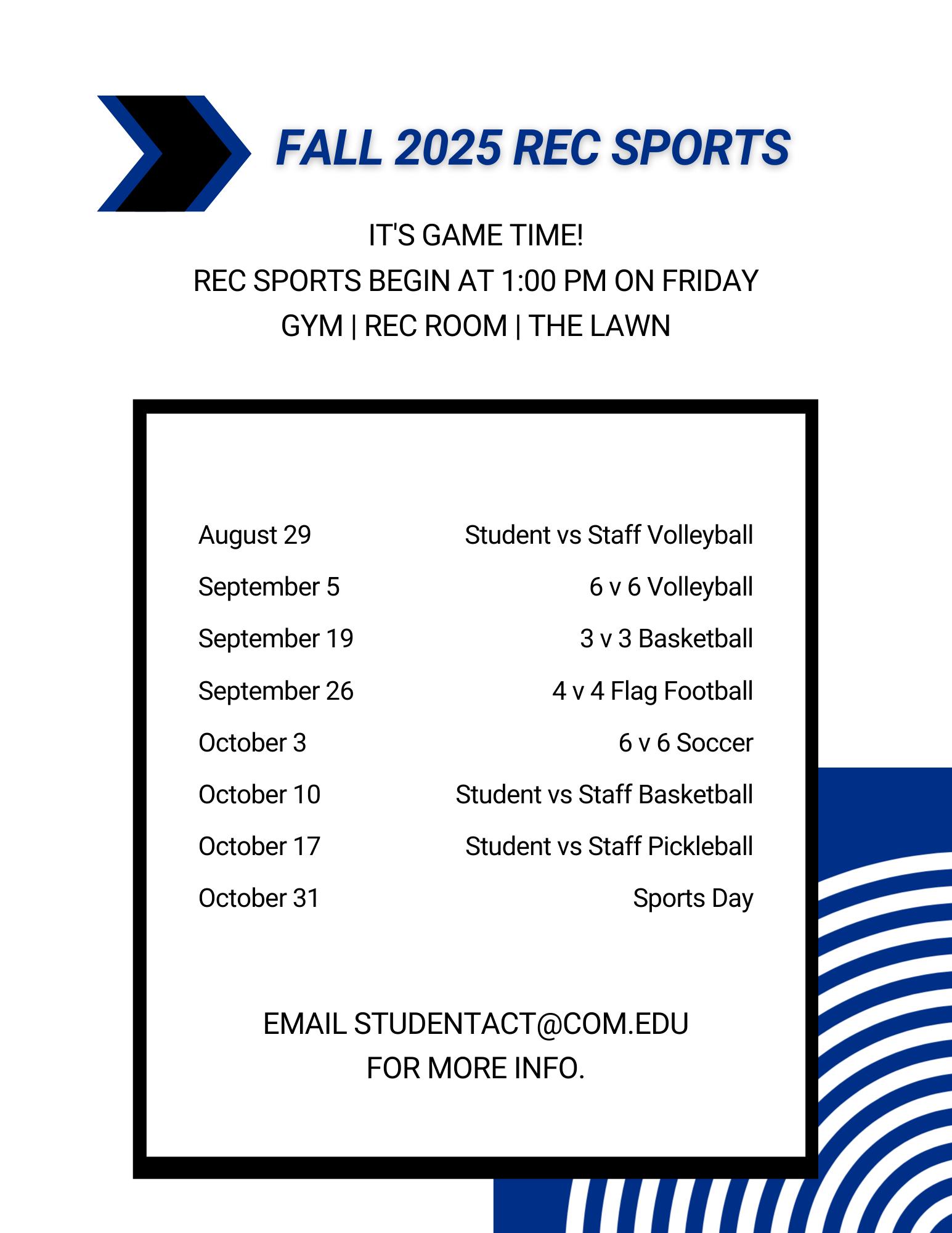 Calendar of Fall 25 Rec Sports
