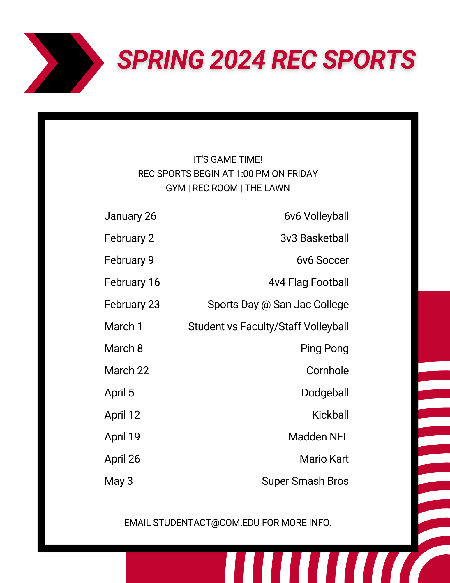 Calendar of Spring 24 Rec Sports