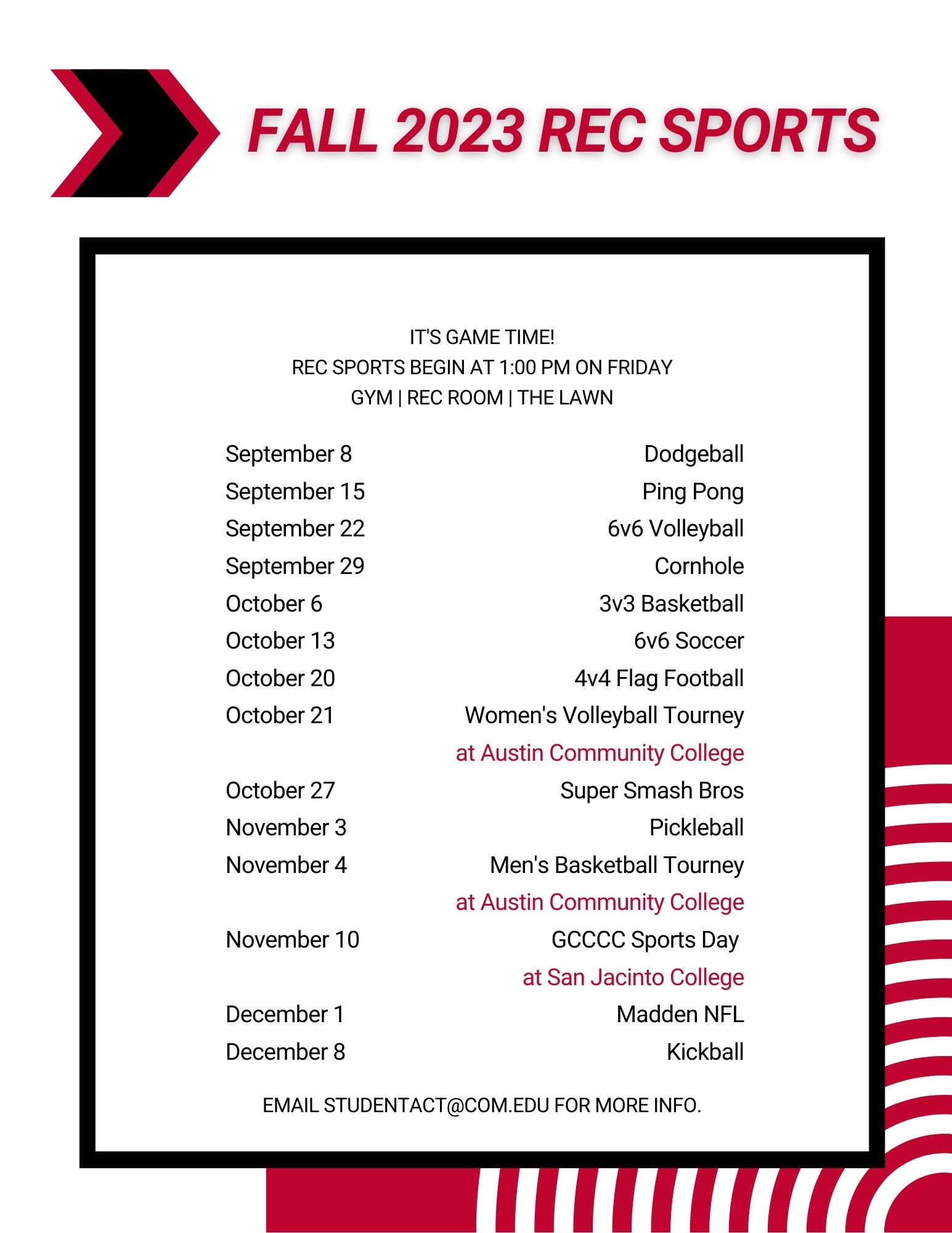 Calendar of Fall 23 Rec Sports