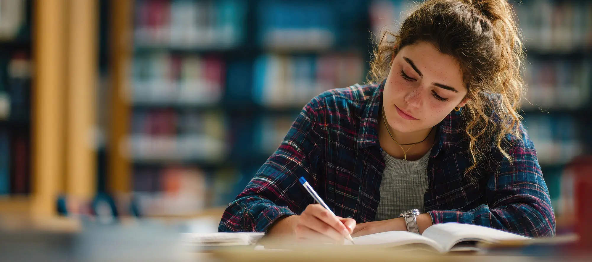 Young woman sitting at desk and finding information in college library